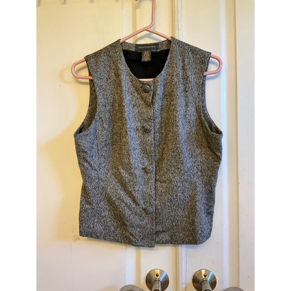 Banana Republic Silk Wool Blend Vest Gray Tweed Button Front Vintage Womens 10